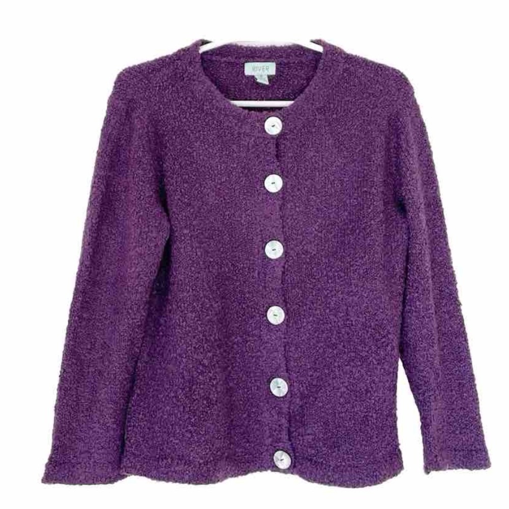 NWOT RIVER boucle cardigan sweater size S purple mother of pearl buttons